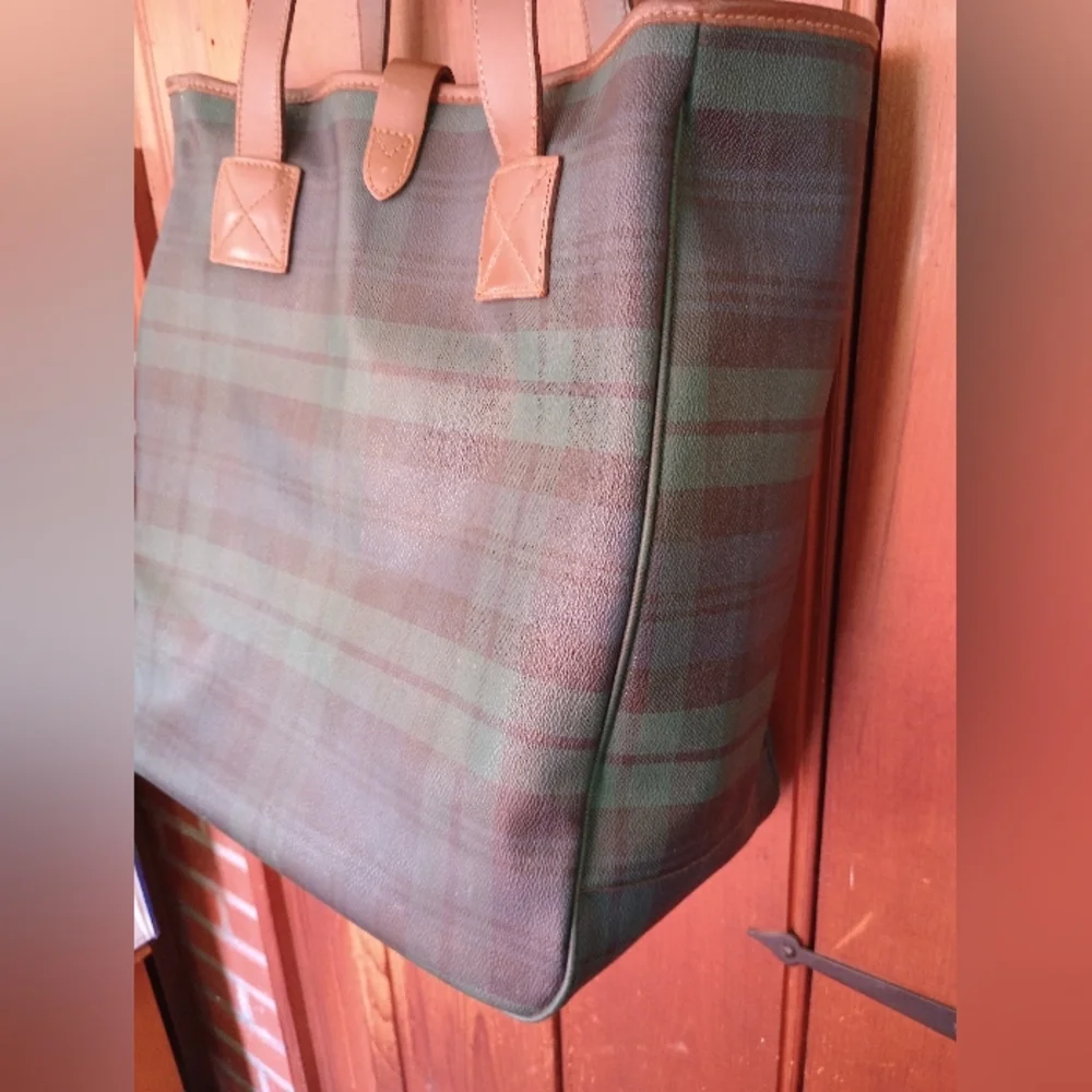 Vintage Green Plaid Tote Bag with Brown Leather Handles Polo Ralph Lauren - Picture 5 of 13